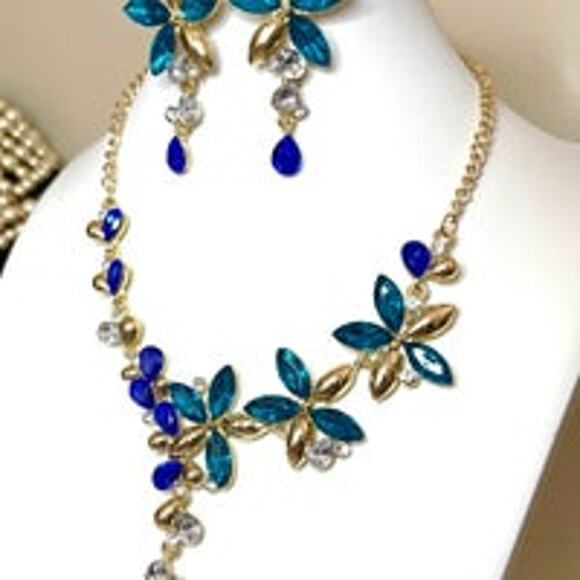 New Necklace Earrings Blue Rhinestones Choker 18" 20" jewelry set Lot M21 - Picture 2 of 5